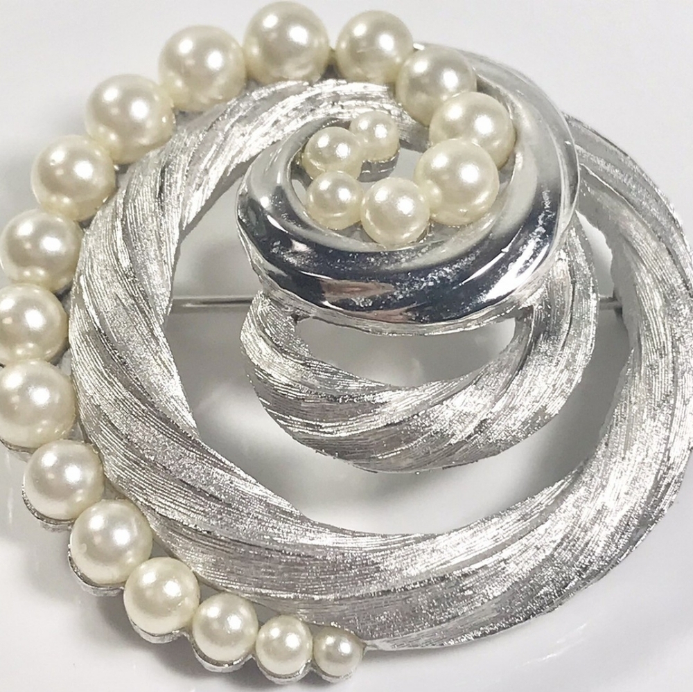 Trifari Silver and Pearl Spiral Brooch